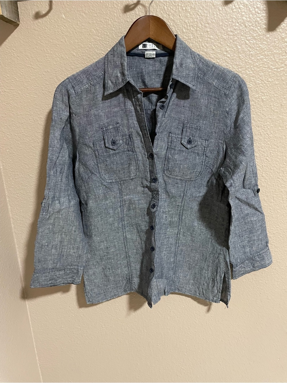 Carole Little Heather Chambray Button-Down Shirt in Gray-Blue